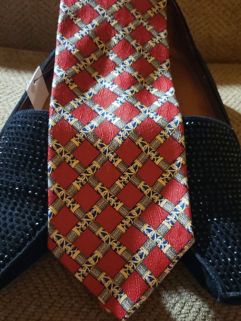 Vintage Valentino Cravatte Red Tie with Gold and Blue Lattice Pattern